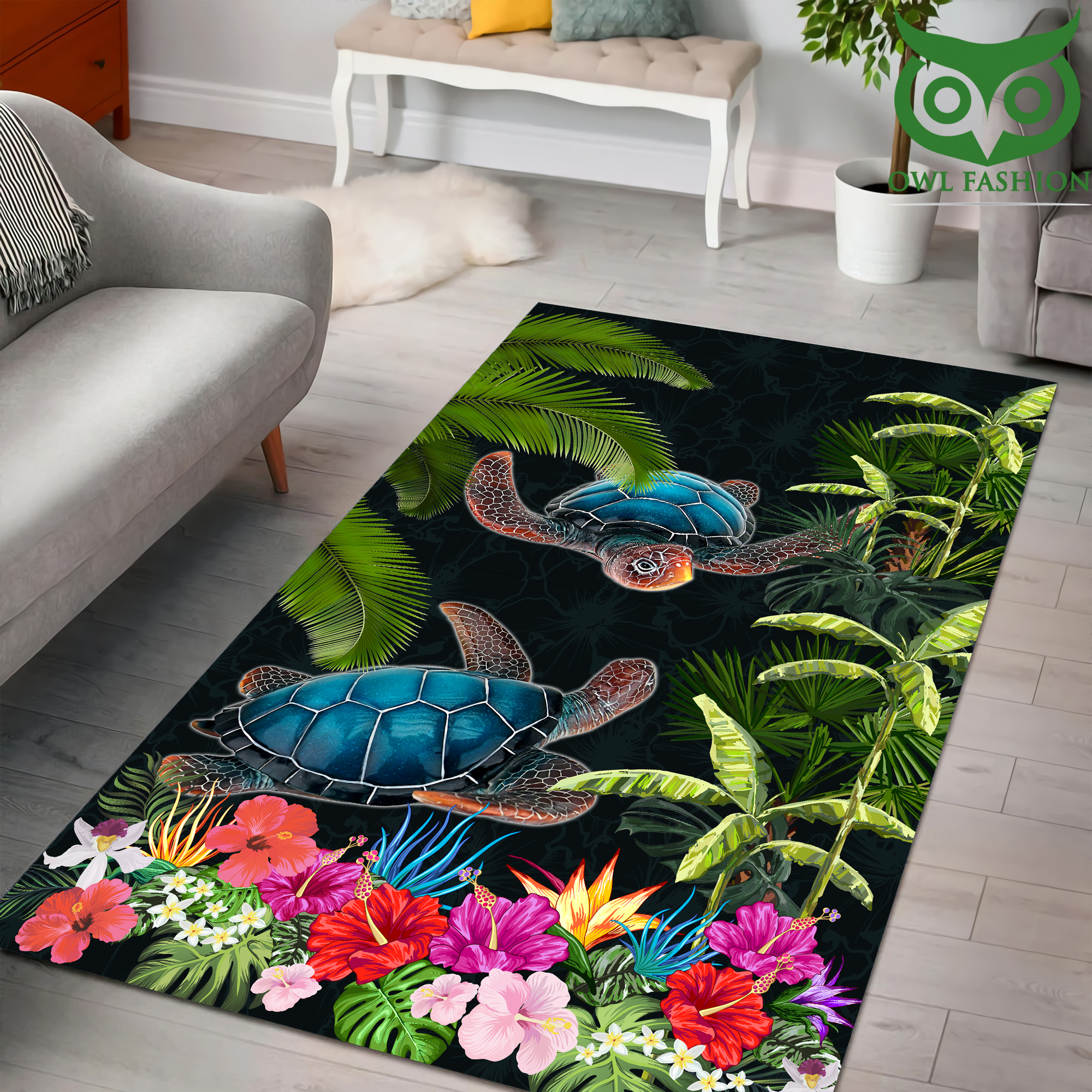 Turtle Couple with Flower Rug