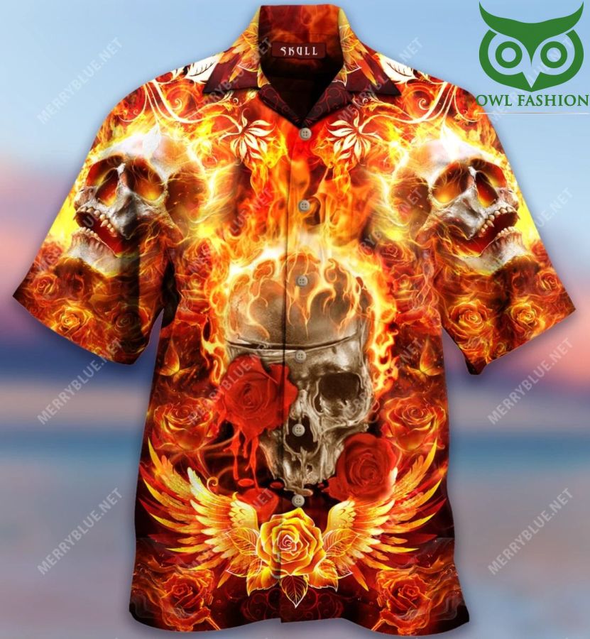 Flaming Rose Skull Hawaiian Shirt