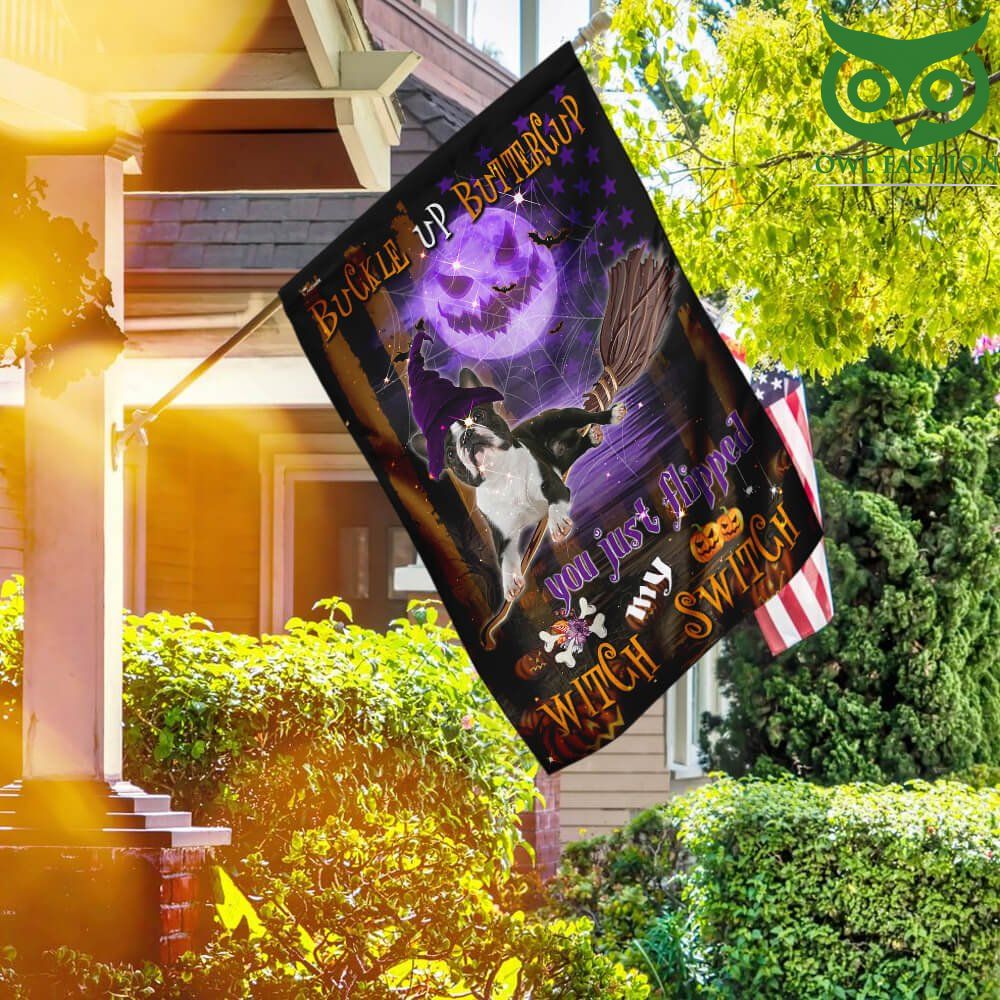109 Boston Terrier Witch Switch flying broom Halloween Garden Flag House Flag