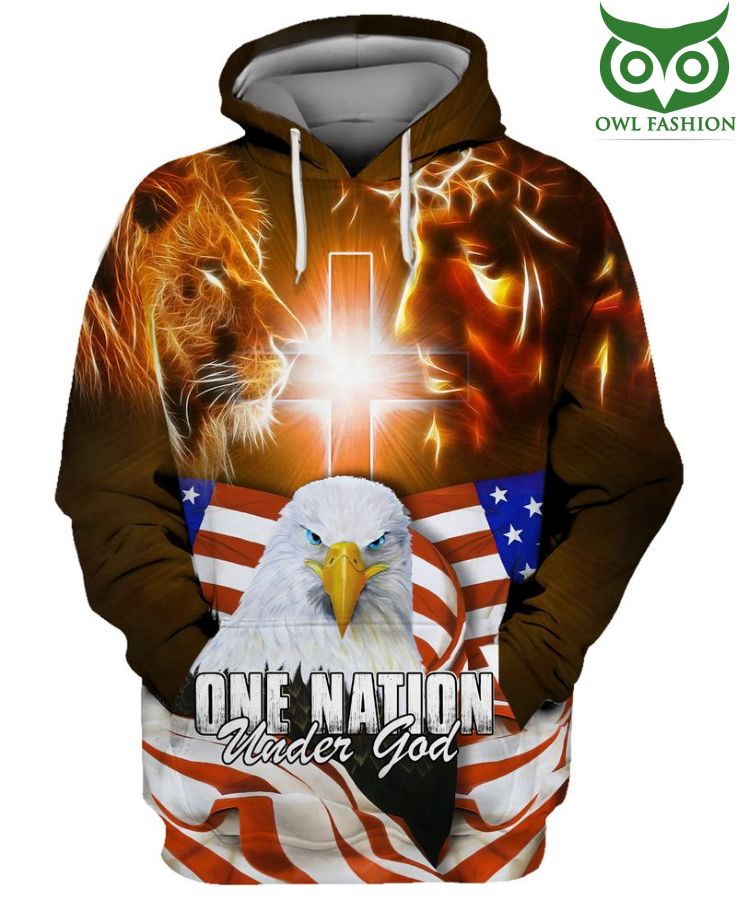 USA One Nation Under God Lightning Lion and God 3D Hoodie T-shirt