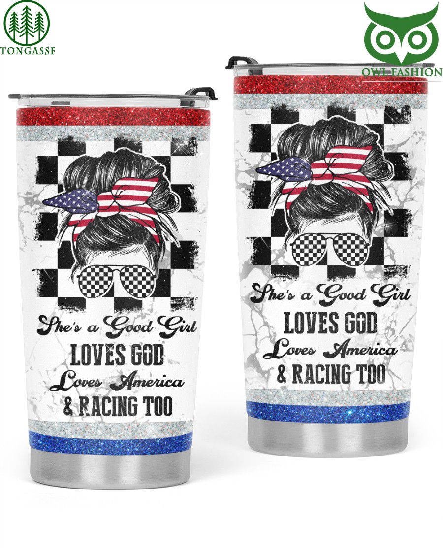 American girl love God and racing Tumbler