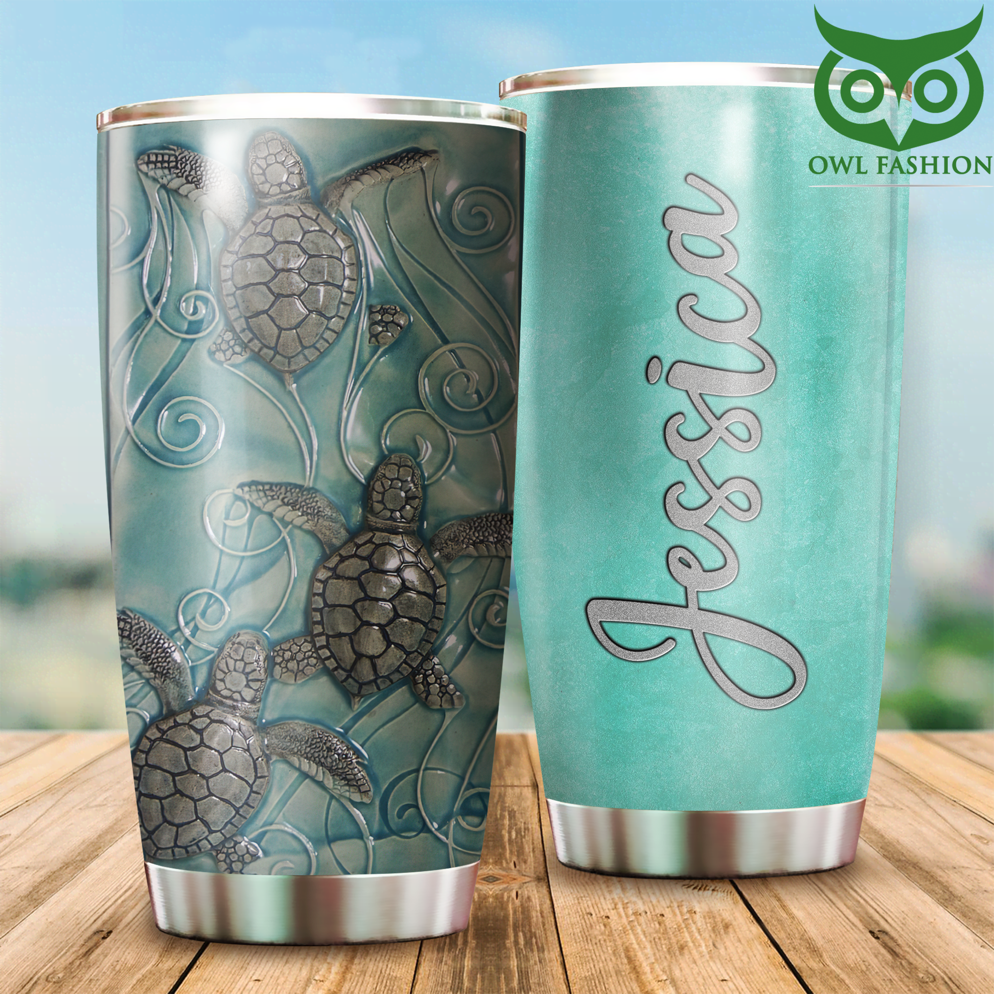 8 Personalized Wavy Sea Turtle Stainless Steel Tumbler