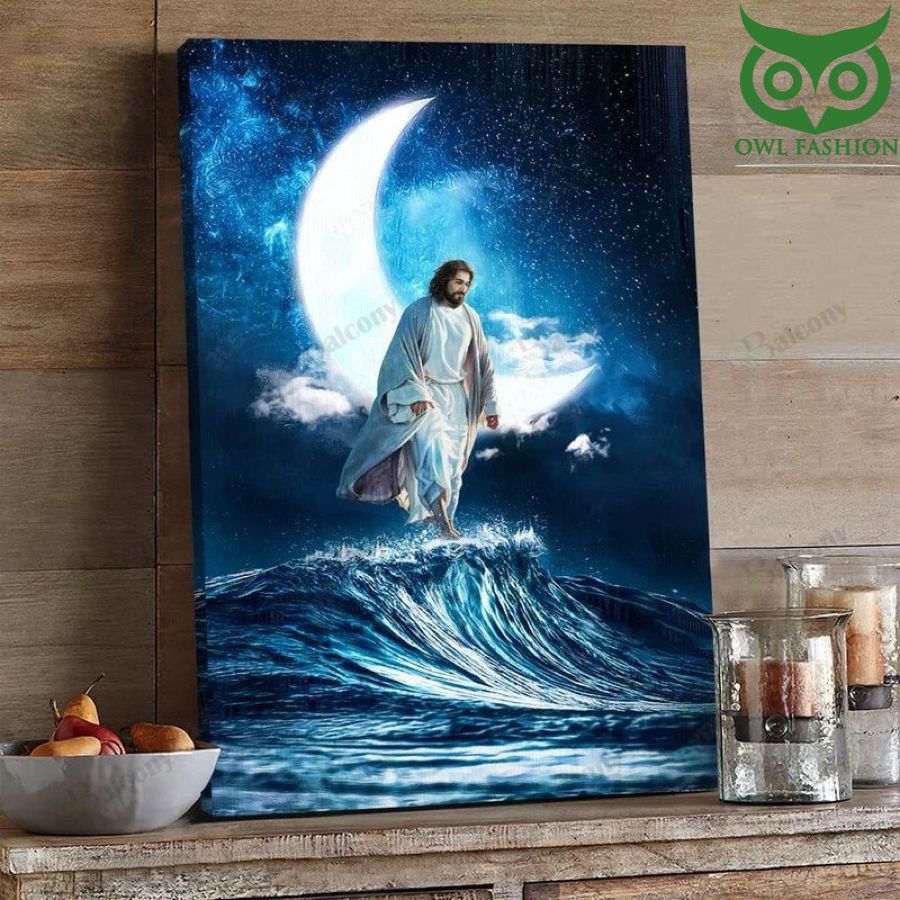 Beautiful moon in Night sky with Jesus walks on water Canvas 