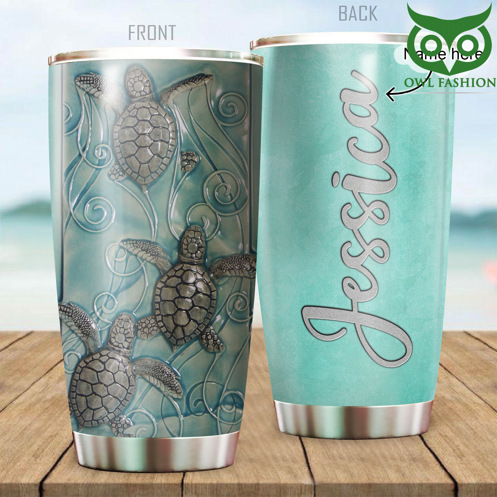 Personalized Wavy Sea Turtle Stainless Steel Tumbler