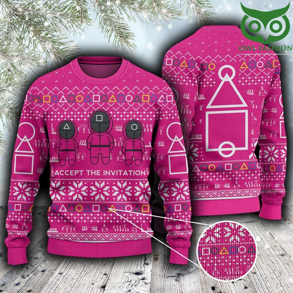 65 Squid game Accept The Invitation Pink Ugly Sweater