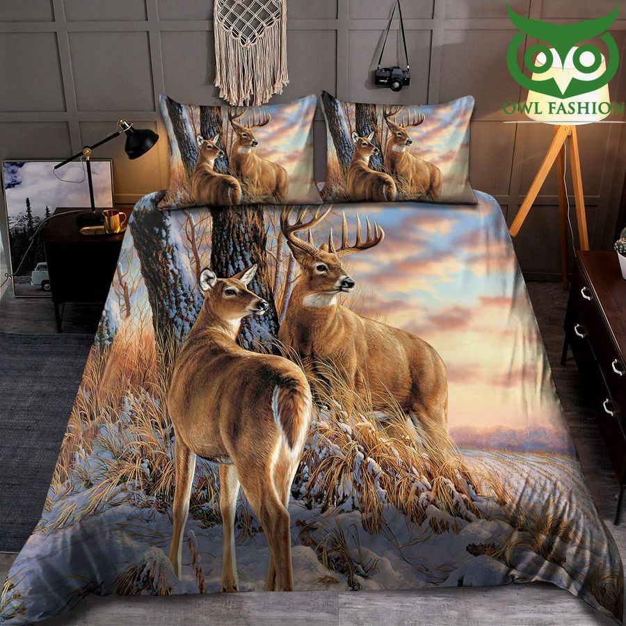 Romantic Deer Couple in Winter Forest Bedding Set