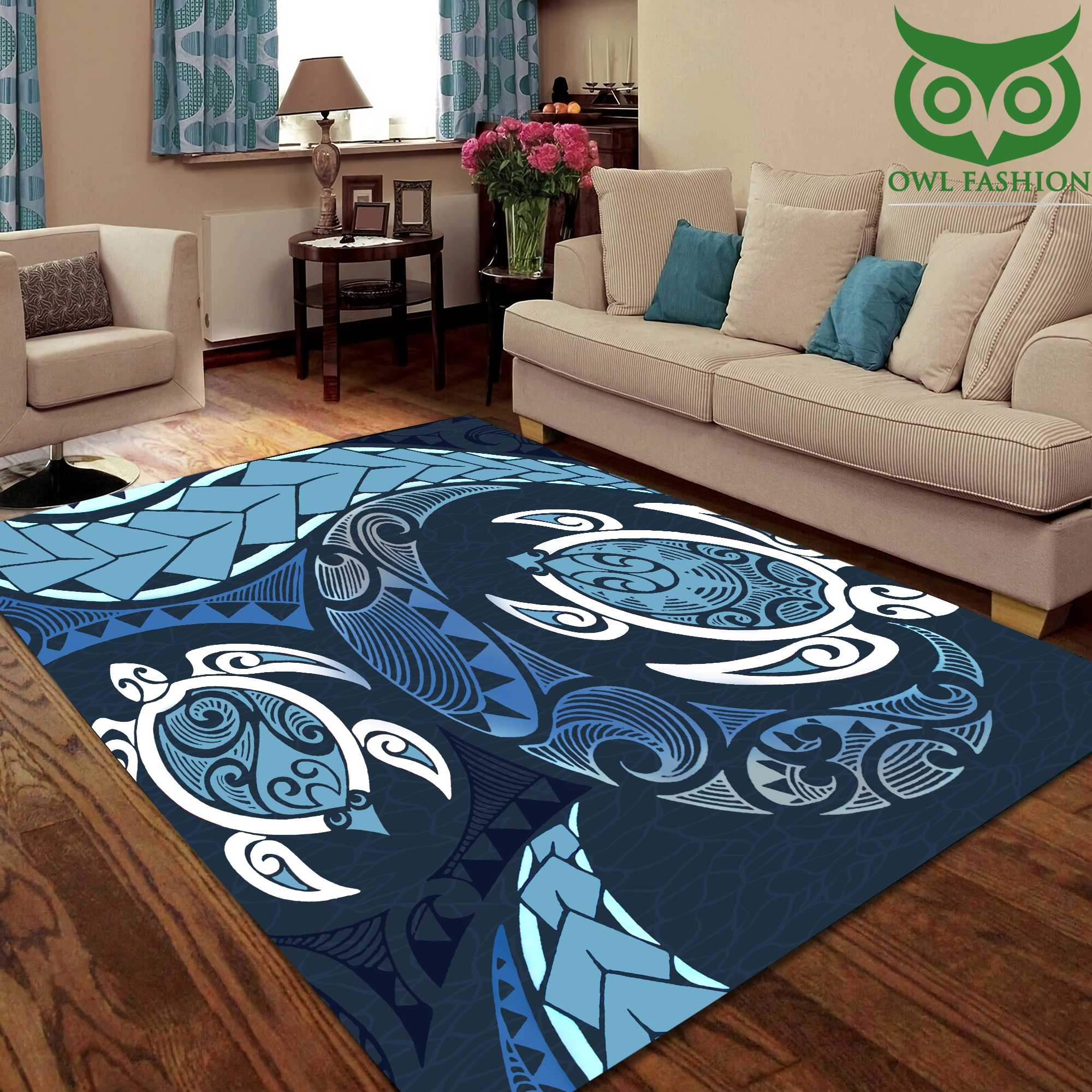 4 Premium Two Turtles with Blue Tattoo Rug