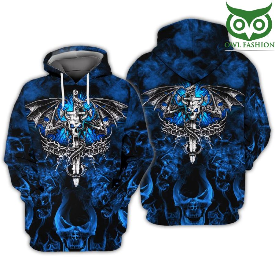 8 Skull sword blue fire 3D AOP Hoodie