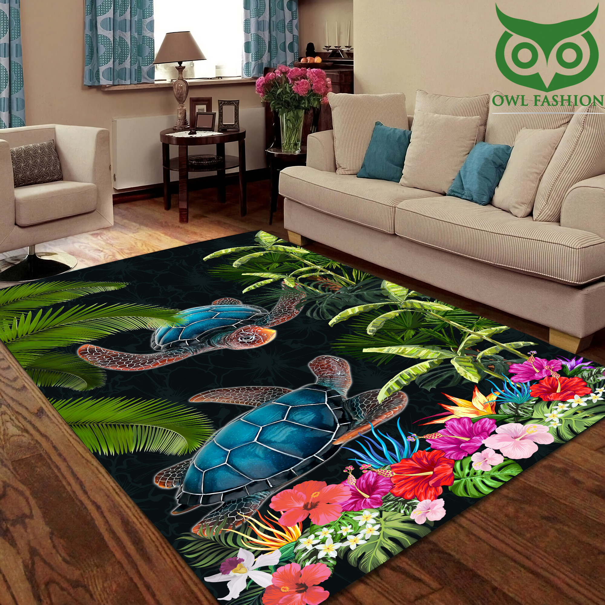 4 Turtle Couple with Flower Rug
