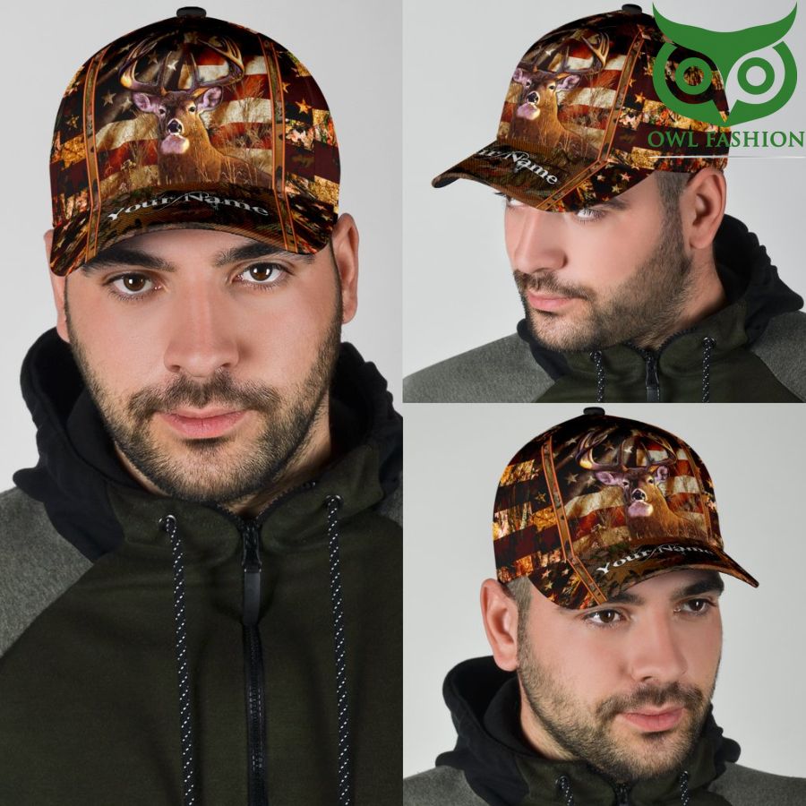 33 Personalized Hunting Deer Sunset US Flag Classic Cap