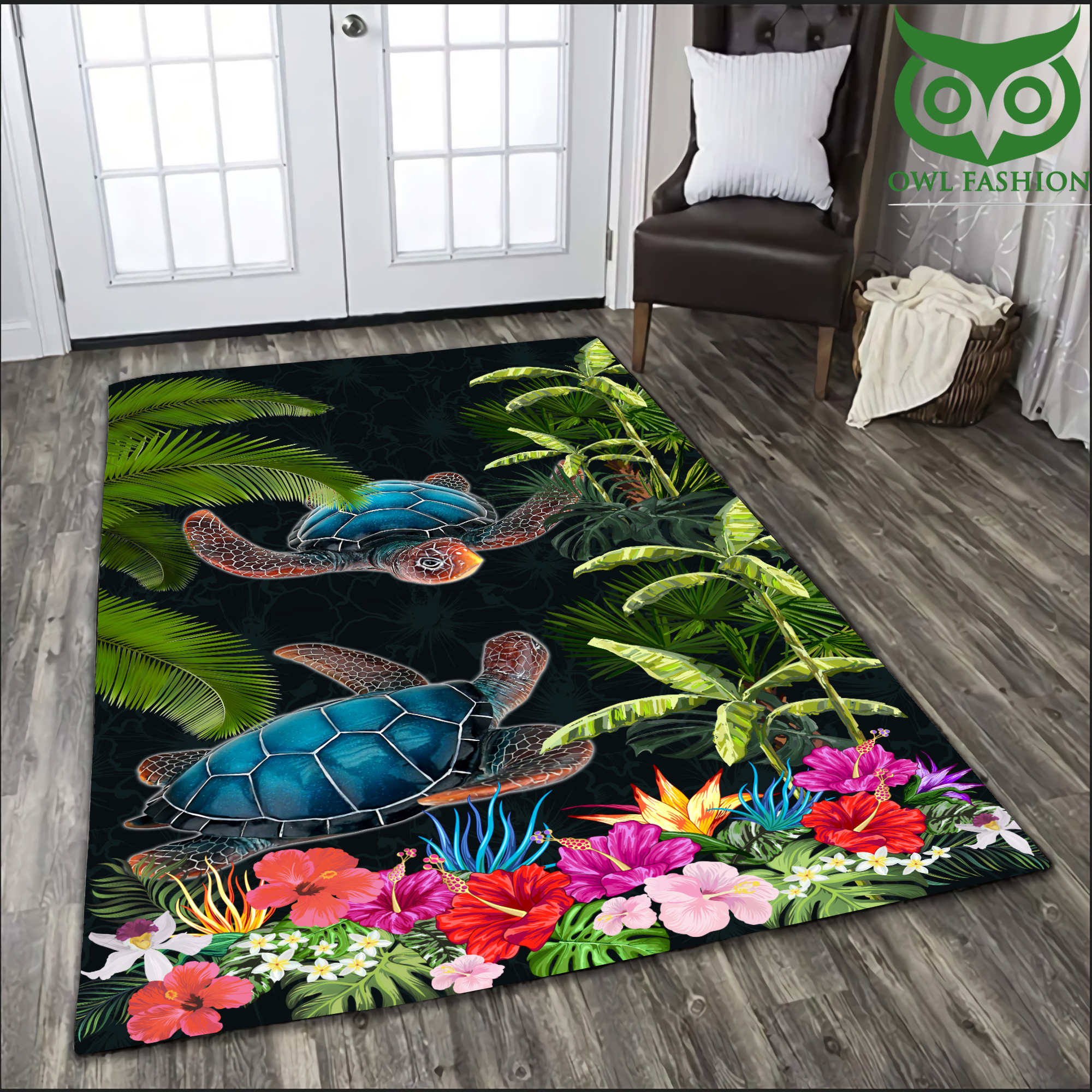 3 Turtle Couple with Flower Rug