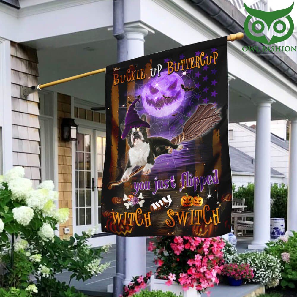 110 Boston Terrier Witch Switch flying broom Halloween Garden Flag House Flag