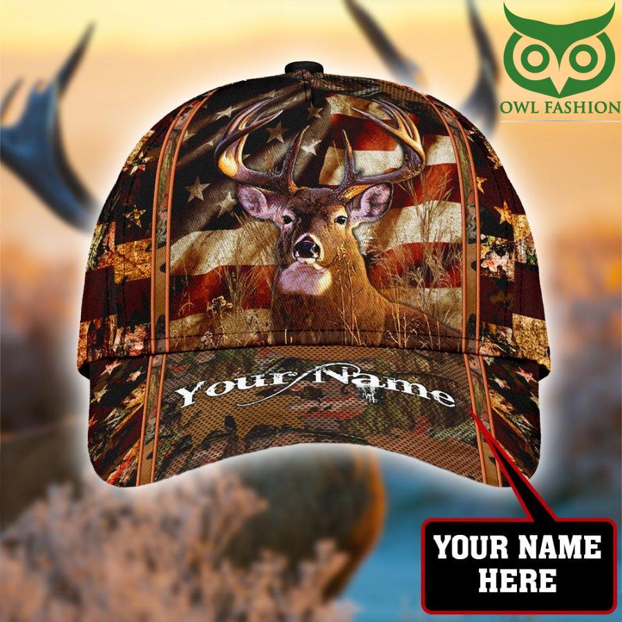 Personalized Hunting Deer Sunset US Flag Classic Cap