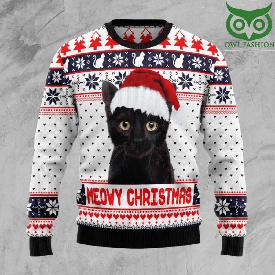 123 Meowy Black Cat Christmas White Sweater
