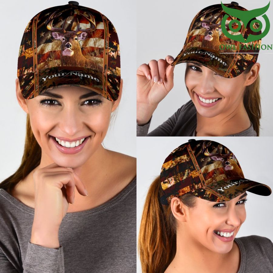 32 Personalized Hunting Deer Sunset US Flag Classic Cap
