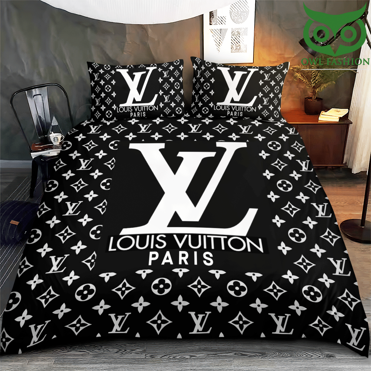 53 LUXURY Louis Vuitton basic logo black bedding set