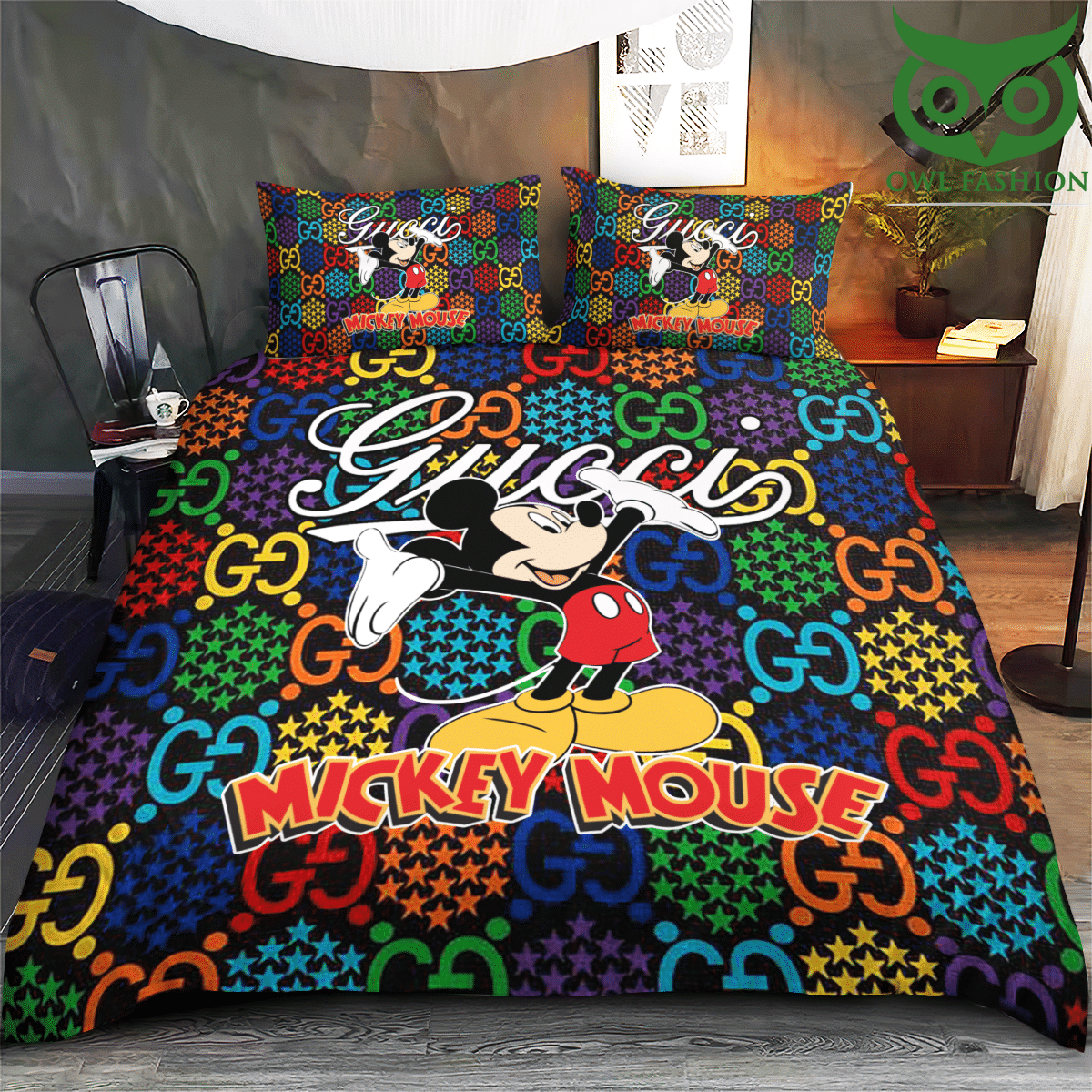Colorful Gucci Mickey Mouse bedding set