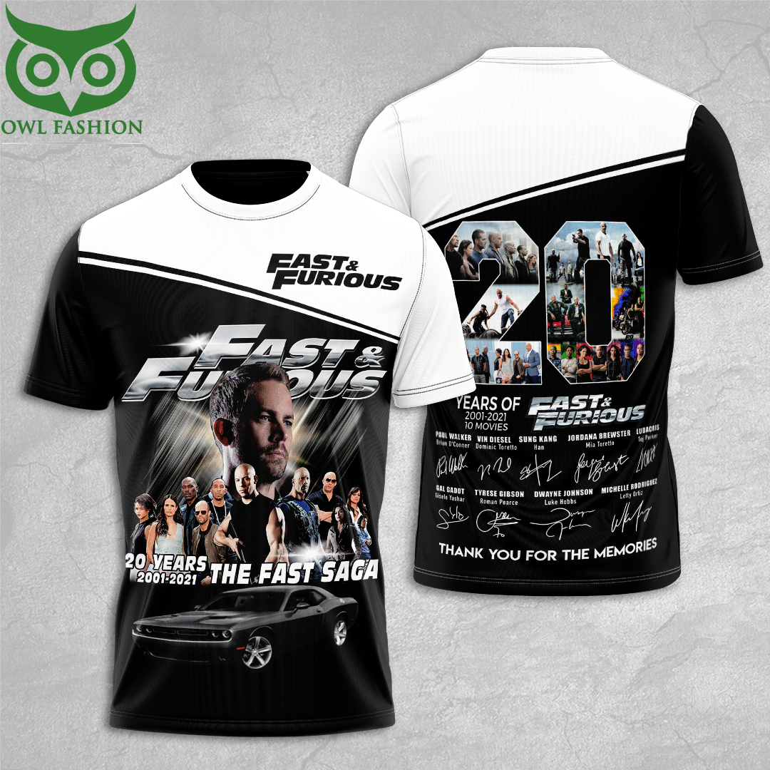Fast and Furious 20 years Paul Walker Legends are forever 3D t shirt