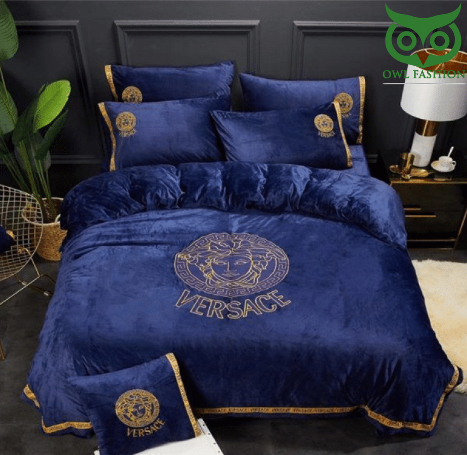Blue Velvet golden Versace logo bedding set