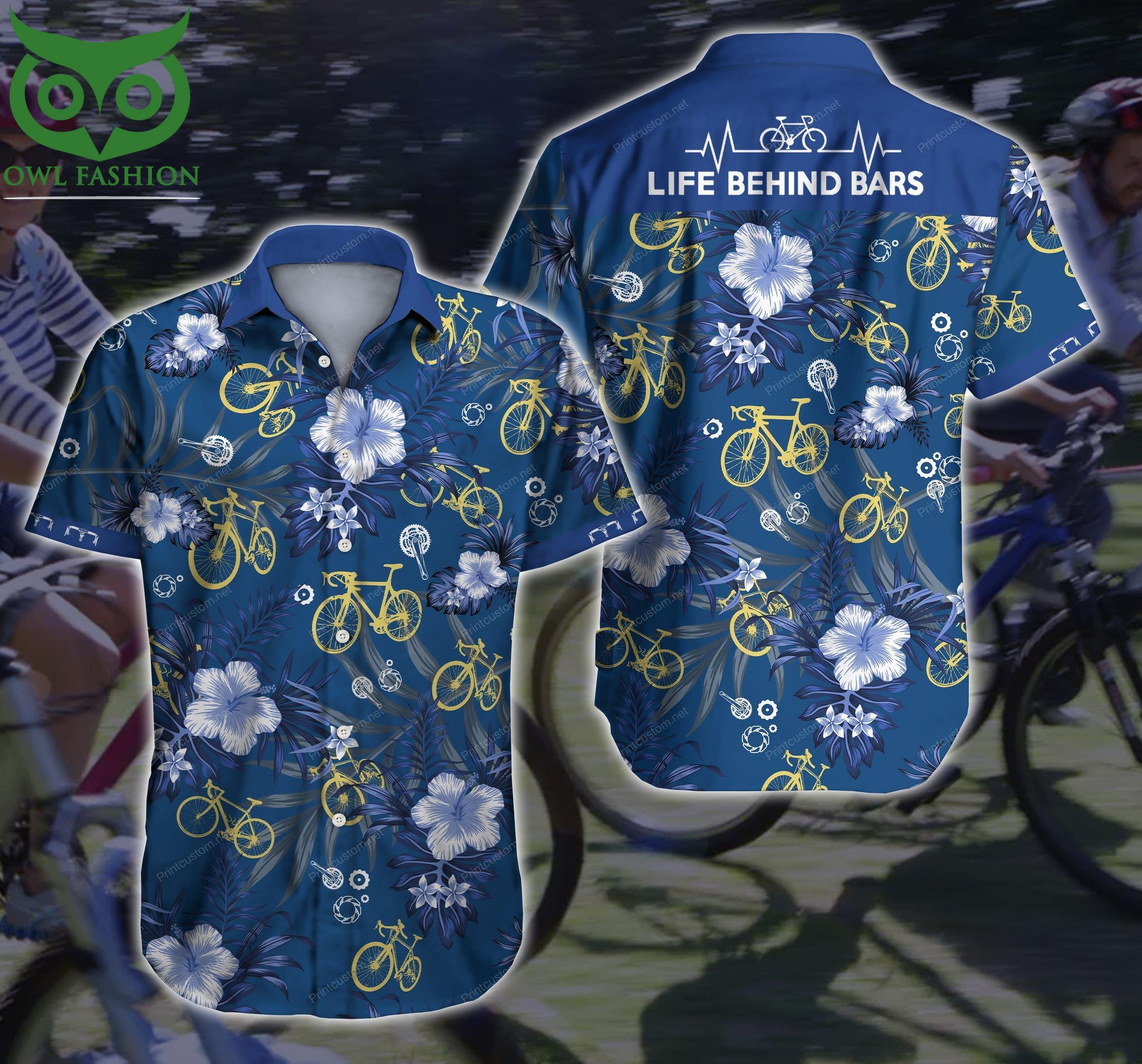 Cycling Life Behind Bar Bicycle Bright Navy Hawaiian Shirt