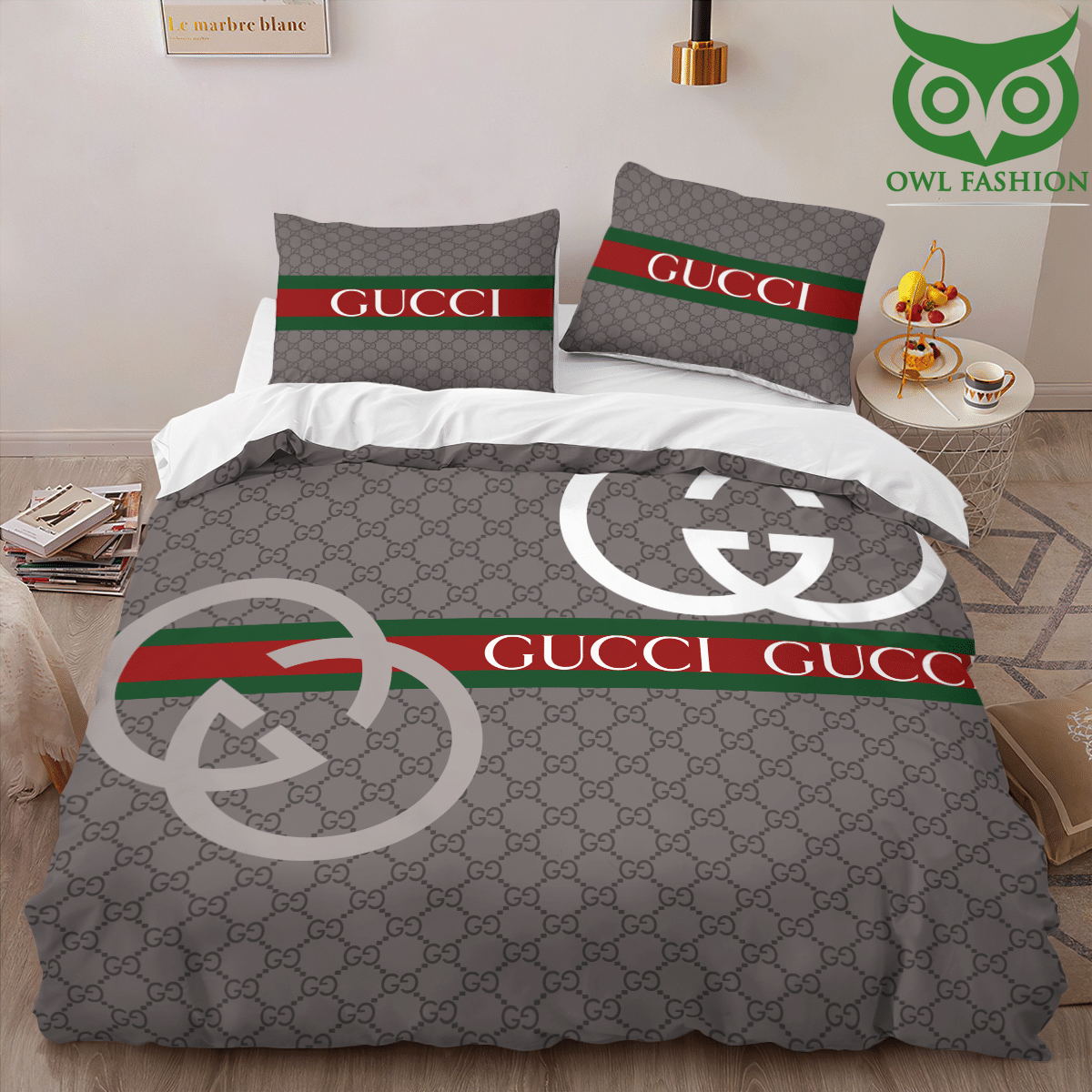 Gucci simple logo grey pattern bedding set