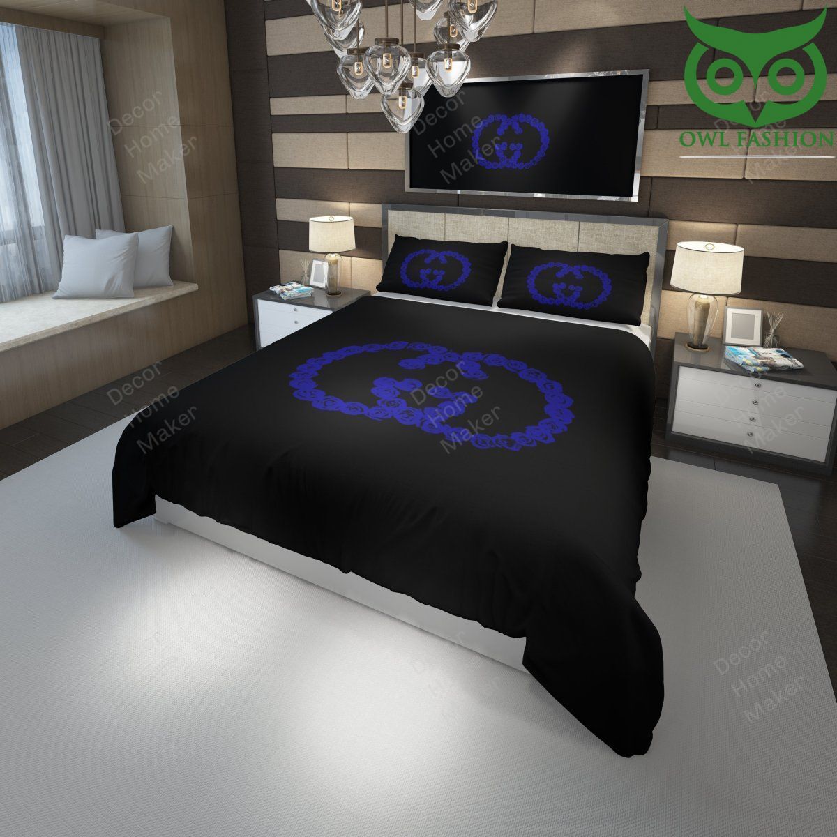 Gucci blue rose logo in black bedding set LIMITED EDITION