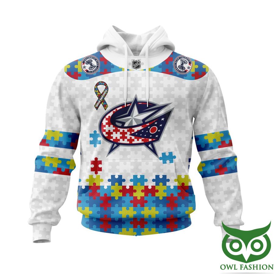 NHL Columbus Blue Jackets Autism Awareness Custom Name Number white puzzle hoodie sweatshirt