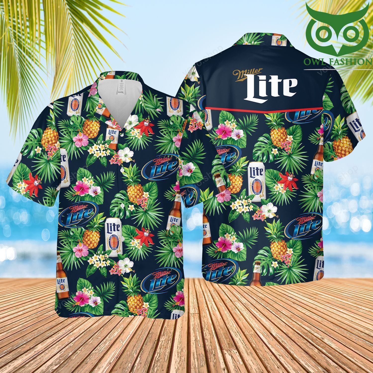 Miller Lite Beer Tropical Flower Hawaiian Shirt and Beach Shorts