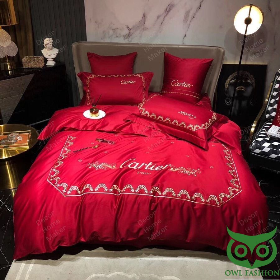 Luxury Cartier Red Color with Big Centered Brand Logo Bedding Set
