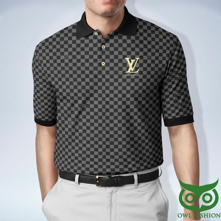 Louis Vuitton Black and Gray with Yellow Logo Checkered Polo Shirt