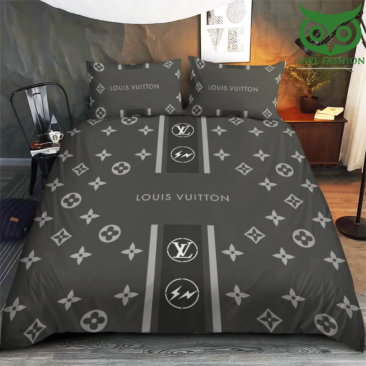 Louis Vuitton grey logo bedding set