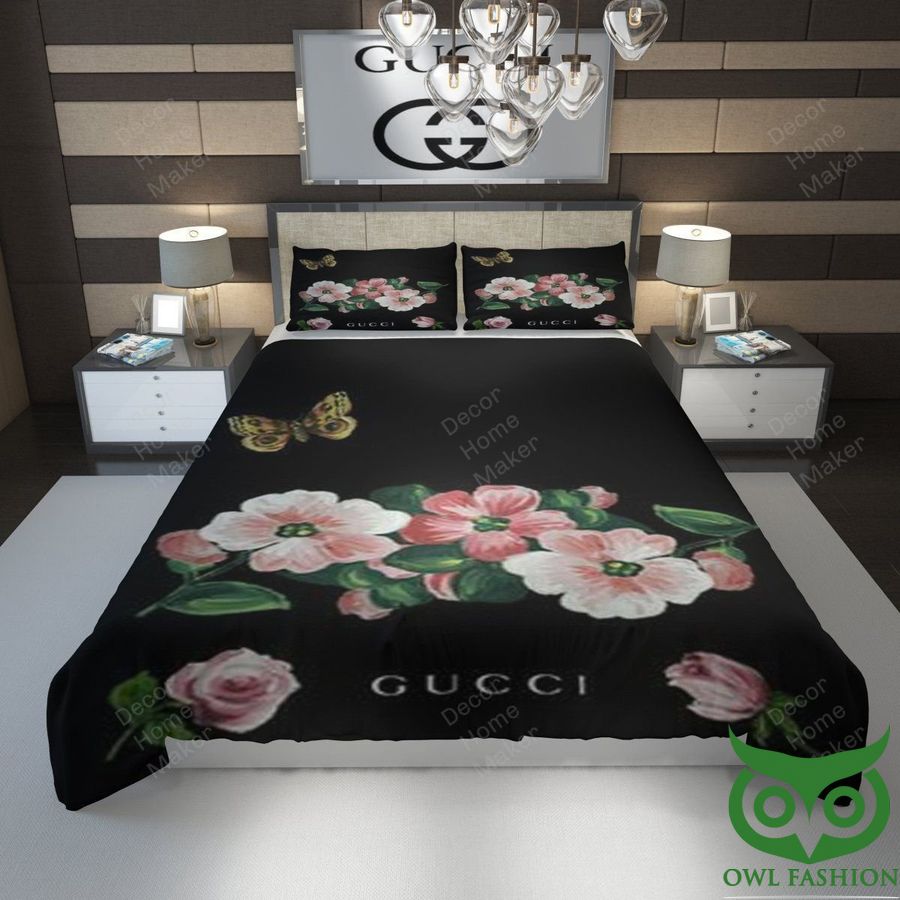 Luxury Gucci Black with Big Flowers and Butterfly Center Bedding Set