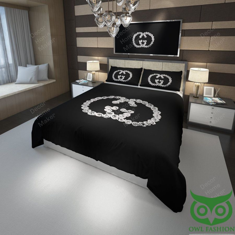 Luxury Gucci Black with Big Silver Centered Flower Logo Bedding Set