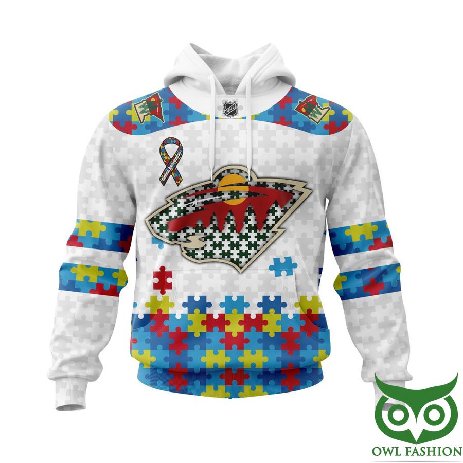NHL Minnesota Wild Autism Awareness Custom Name Number white puzzle hoodie sweatshirt