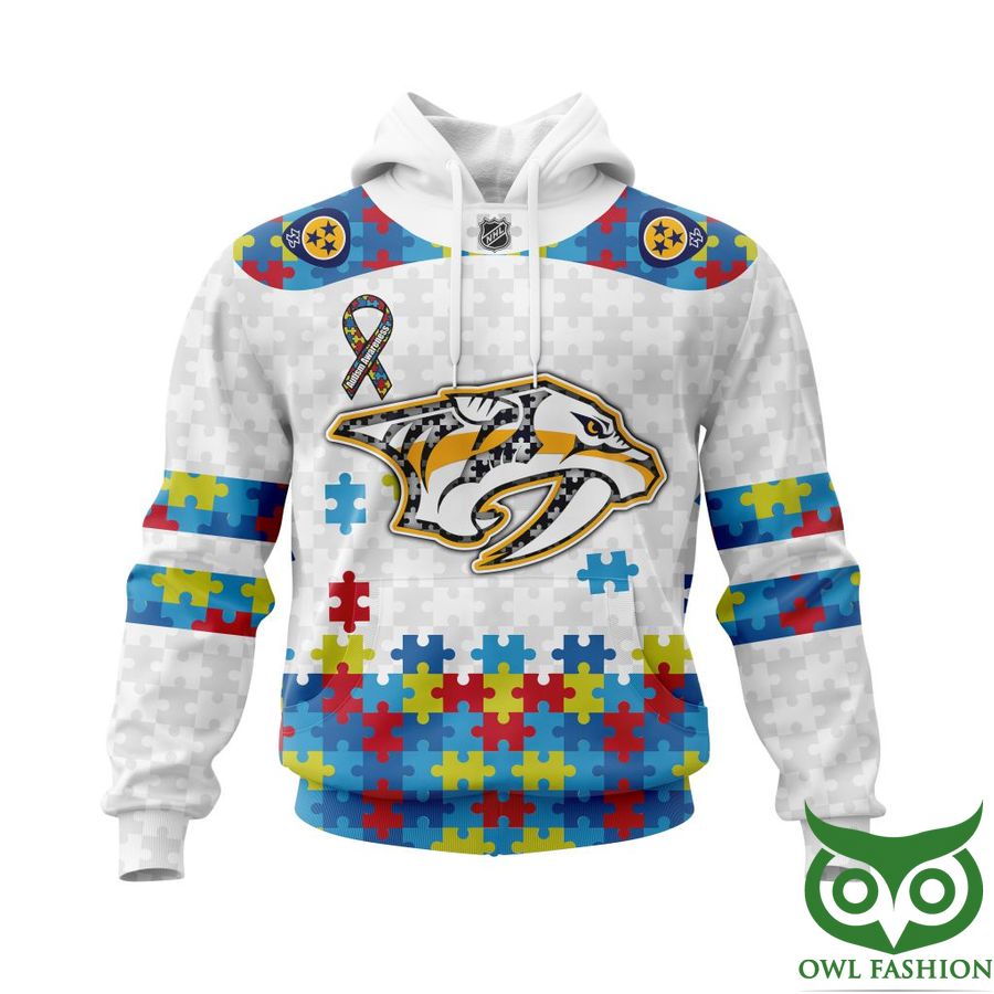 NHL Nashville Predators Autism Awareness Custom Name Number white puzzle hoodie sweatshirt
