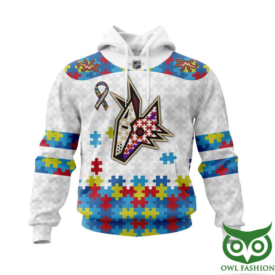 NHL Arizona Coyotes Autism Awareness Custom Name Number white puzzle hoodie sweatshirt