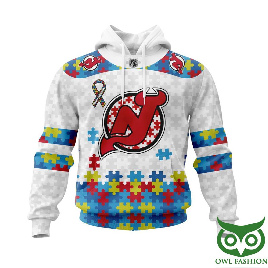 NHL New Jersey Devils Autism Awareness Custom Name Number white puzzle hoodie sweatshirt