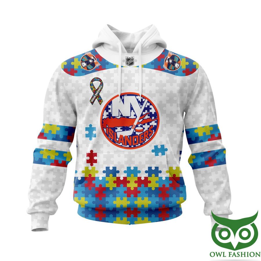 NHL New York Islanders Autism Awareness Custom Name Number white puzzle hoodie sweatshirt