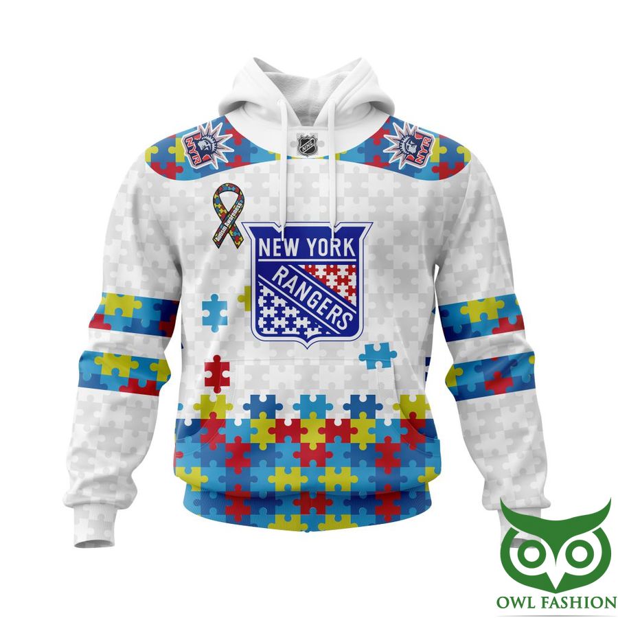 NHL New York Rangers Autism Awareness Custom Name Number white puzzle hoodie sweatshirt