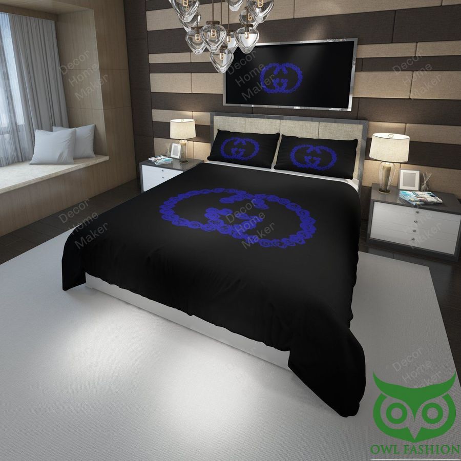 Luxury Gucci Black with Big Centered Blue Roses Logo Bedding Set