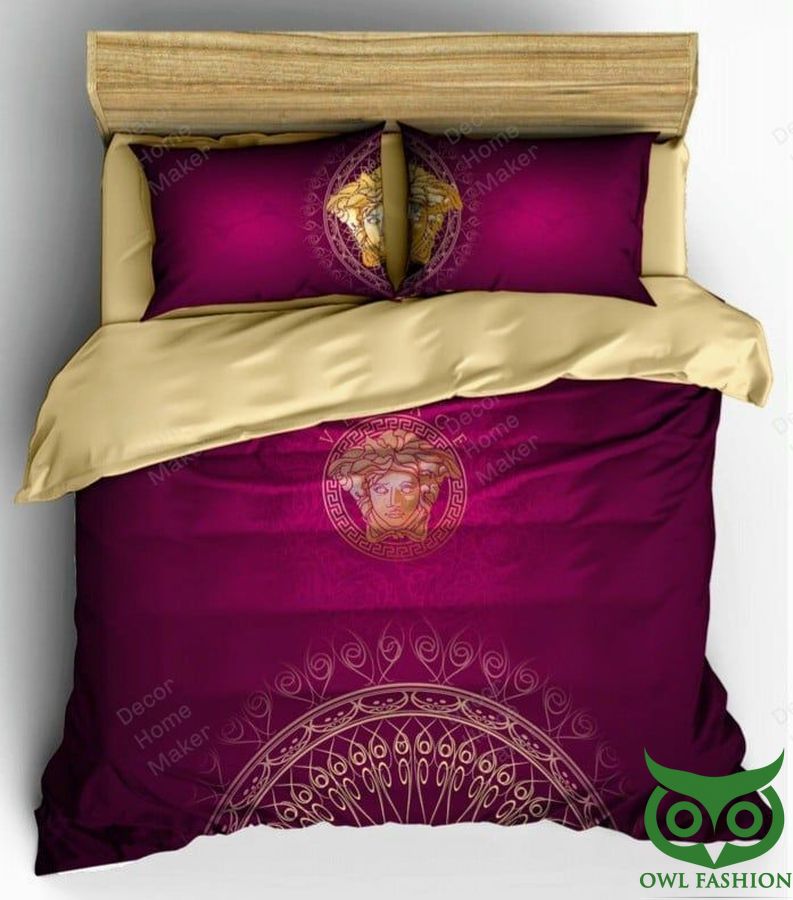 Luxury Versace Red Purple Color with Golden Logo Bedding Set
