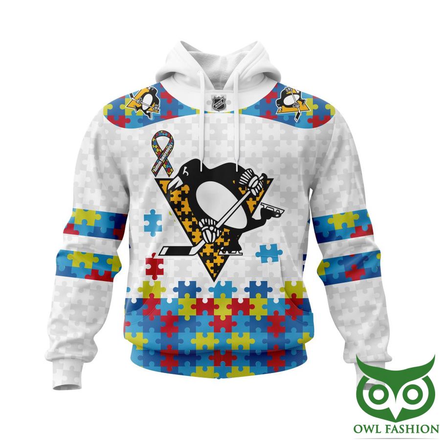NHL Pittsburgh Penguins Autism Awareness Custom Name Number white puzzle hoodie sweatshirt