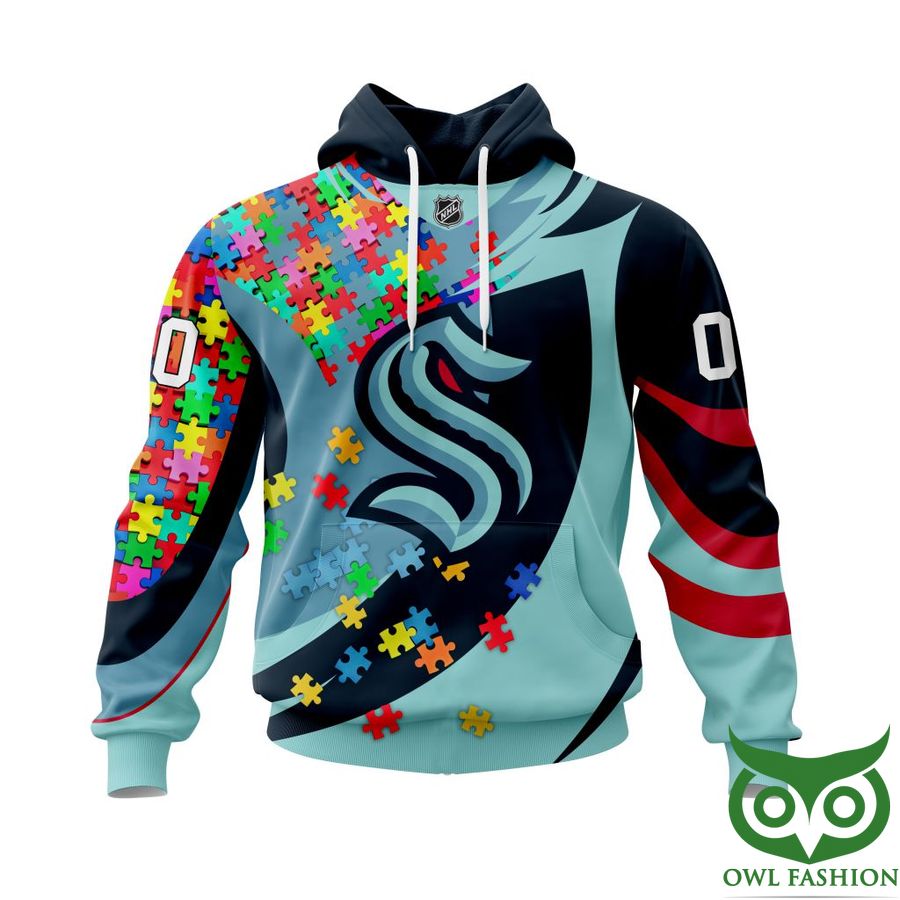 NHL Seattle Kraken Autism Awareness Custom Name Number colorful puzzle hoodie sweatshirt