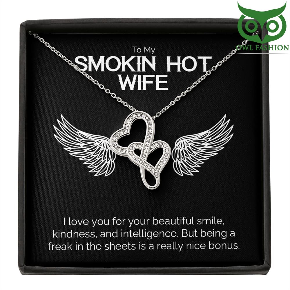 Smokin Hot Wife Double Silver Heart Necklace Cubic Zirconia Dainty 