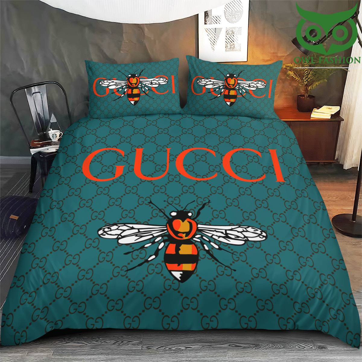 Gucci Bee blue luxury bedding set