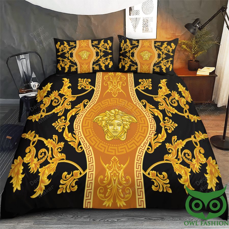 Luxury Versace Orange and Golden Color Logo Patterns Bedding Set