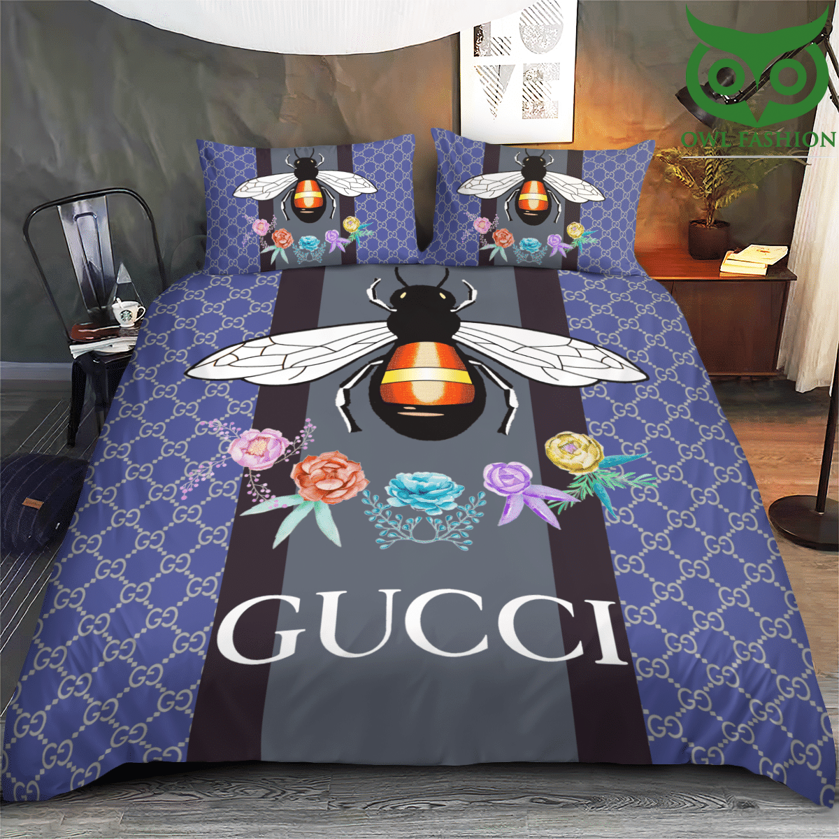 Gucci Bee with rose blue luxury bedding set