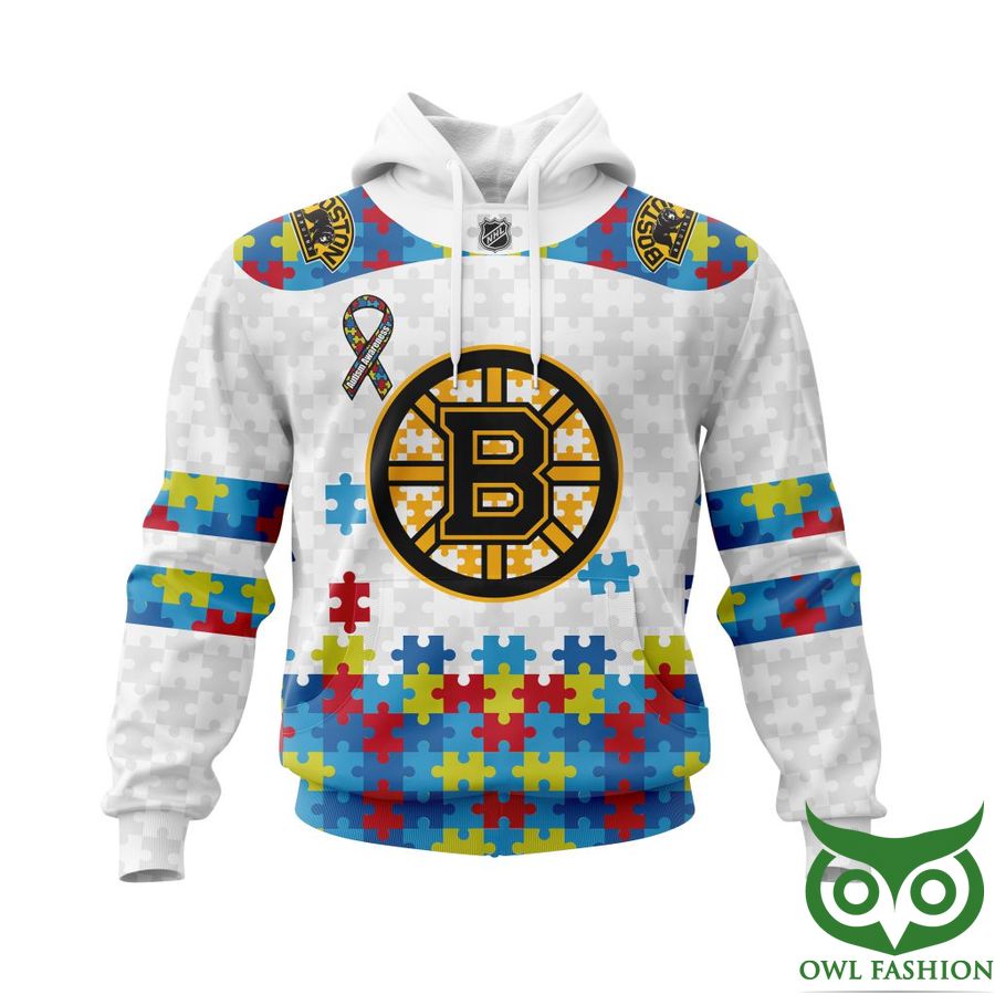 NHL Boston Bruins Autism Awareness Custom Name Number white puzzle hoodie sweatshirt