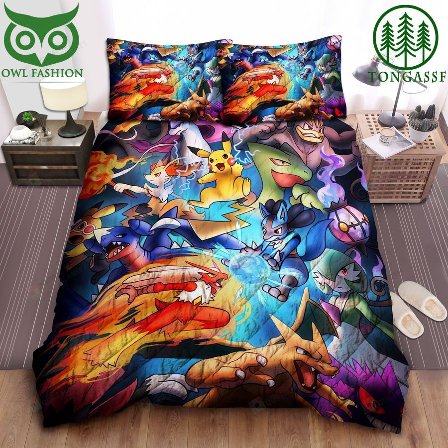 64 Pokemons Fighting Charizard Pikachu Quilt Bedding Set
