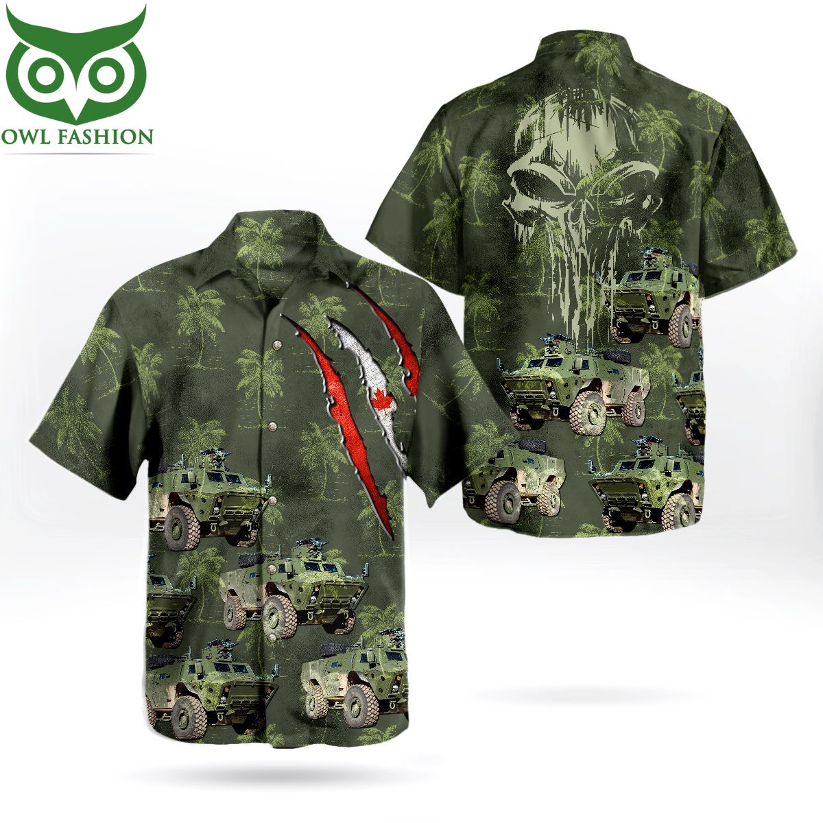 Canadian Army TAPV Tactical Armoured Patrol Vehicle Skull Green Hawaiian Shirt